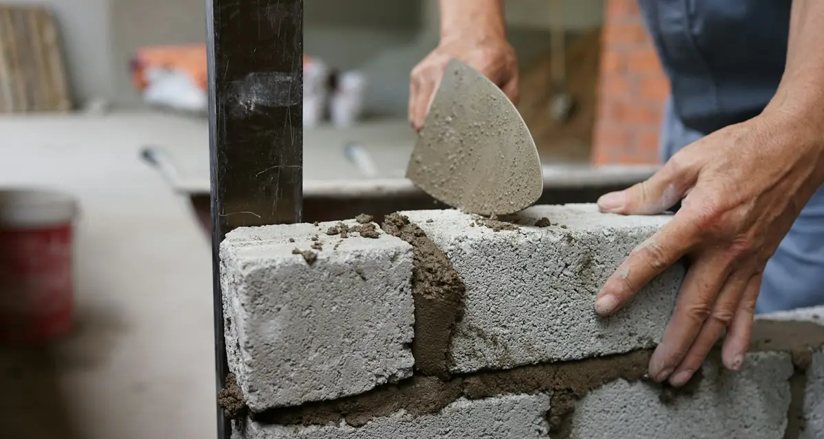 Pedreiro assentando bloco de concreto com a colher